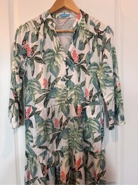 J. McLaughlin Dress Women’s Small Tropical Leaf Print Linen Blend Tiered Pockets